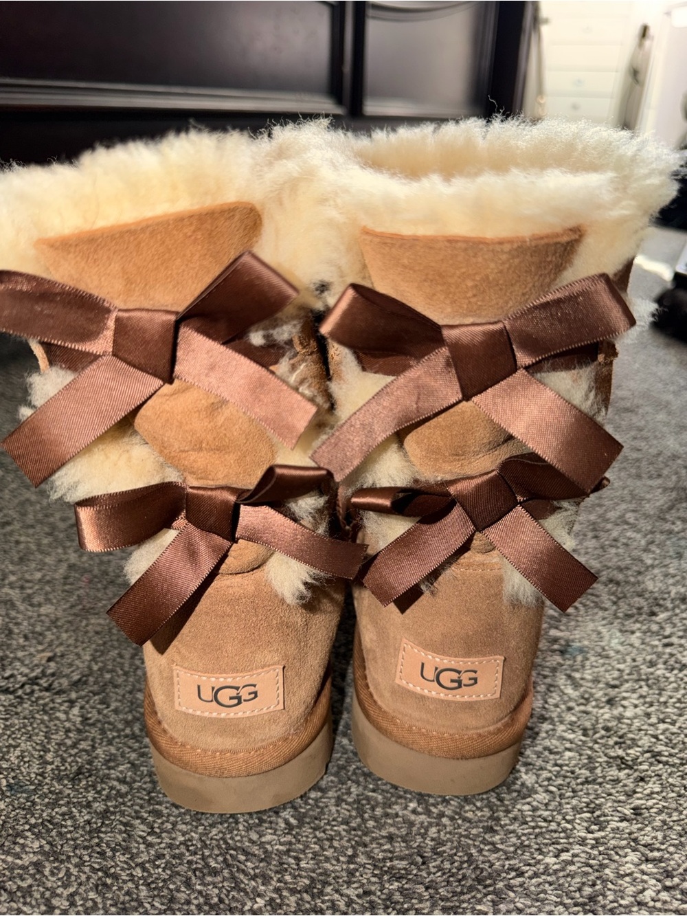 UGG Chestnut Suede Shearling Bow-Back Boots with Brown Satin Bows